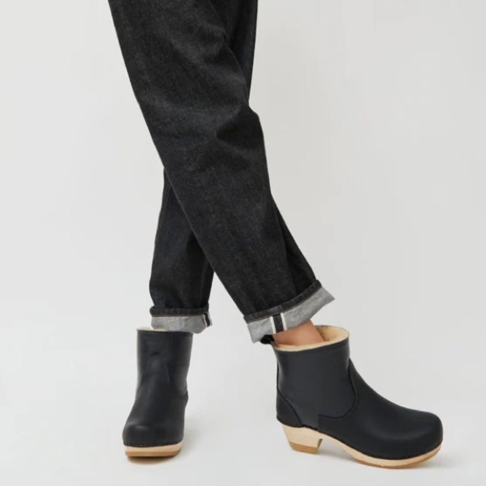 5" Pull On Shearling Clog Boot on High Heel in Ink Aviator